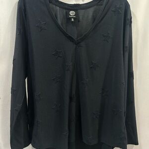 bobeau Navy Blue Long Sleeve V-Neck Top with Star Embroidery